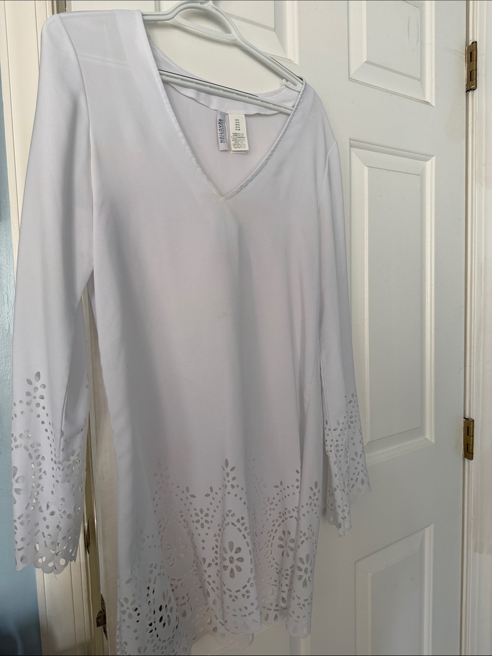 Kenneth Cole White Laser-Cut Long-Sleeve Swim Coverup